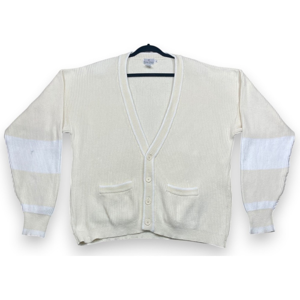 Vintage Neiman Marcus Cardigan Sweater Ivory White XL Striped Cotton